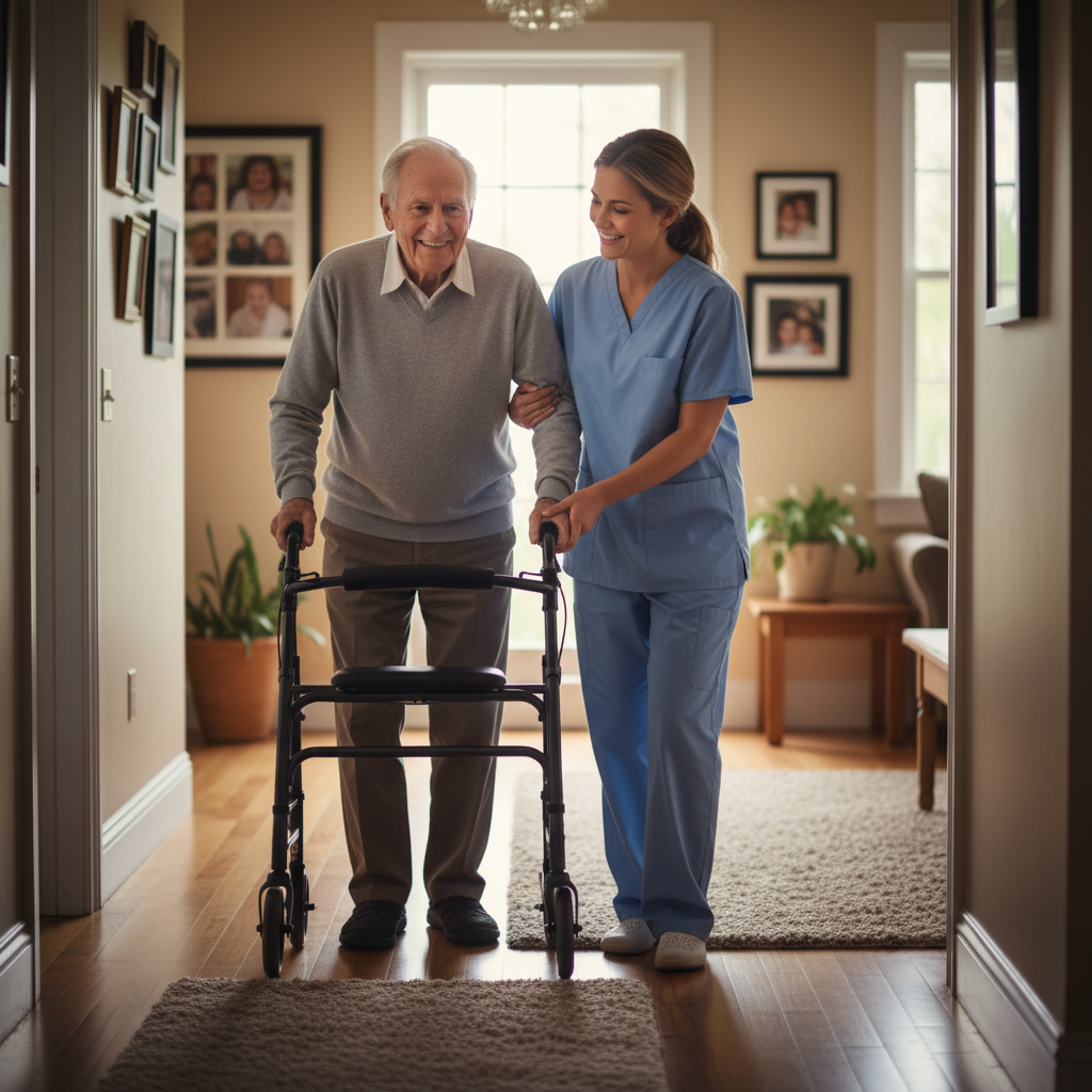 Caregiver assisting with walker